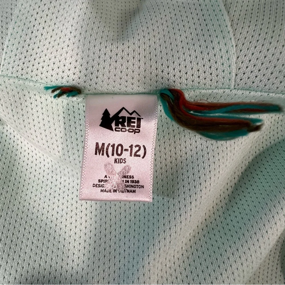 REI CO-OP Kids Medium 10-12 Groundbreaker Rain Wind Jacket hood green/grey light